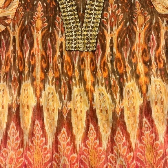 Chicos Size 2 Beaded Neck Tunic Top Blouse Sheer Ikat Print Kimono Sleeve - Picture 3 of 6
